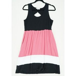 Pink Rose L Black White Pink Color Block Criss Cross Back Keyhole Dress